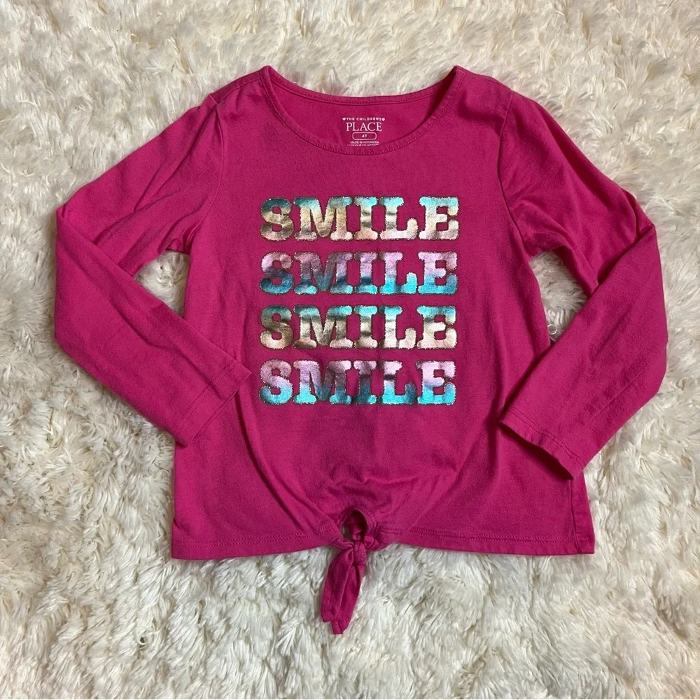 The Children's Place Girls Size 4T Fuchsia 'Pink Smile' Long Sleeve Graphic Tee